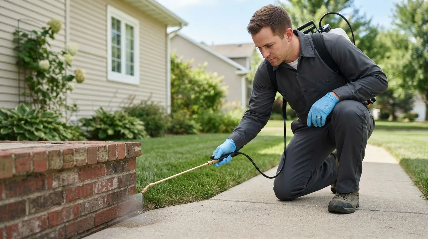 Pest control technician treating a home near Plum City, WI