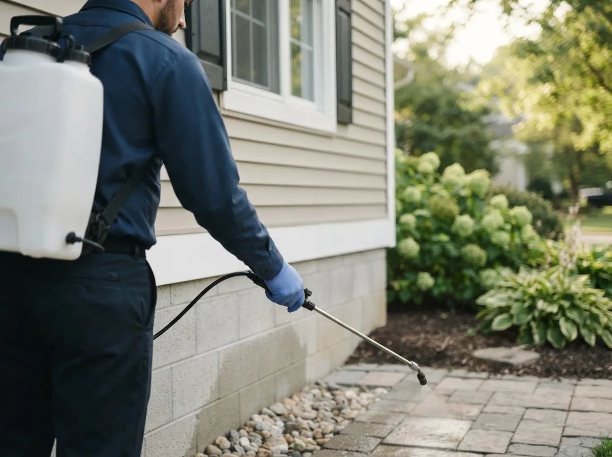 Pest control technician inspecting a home in Plum City, WI